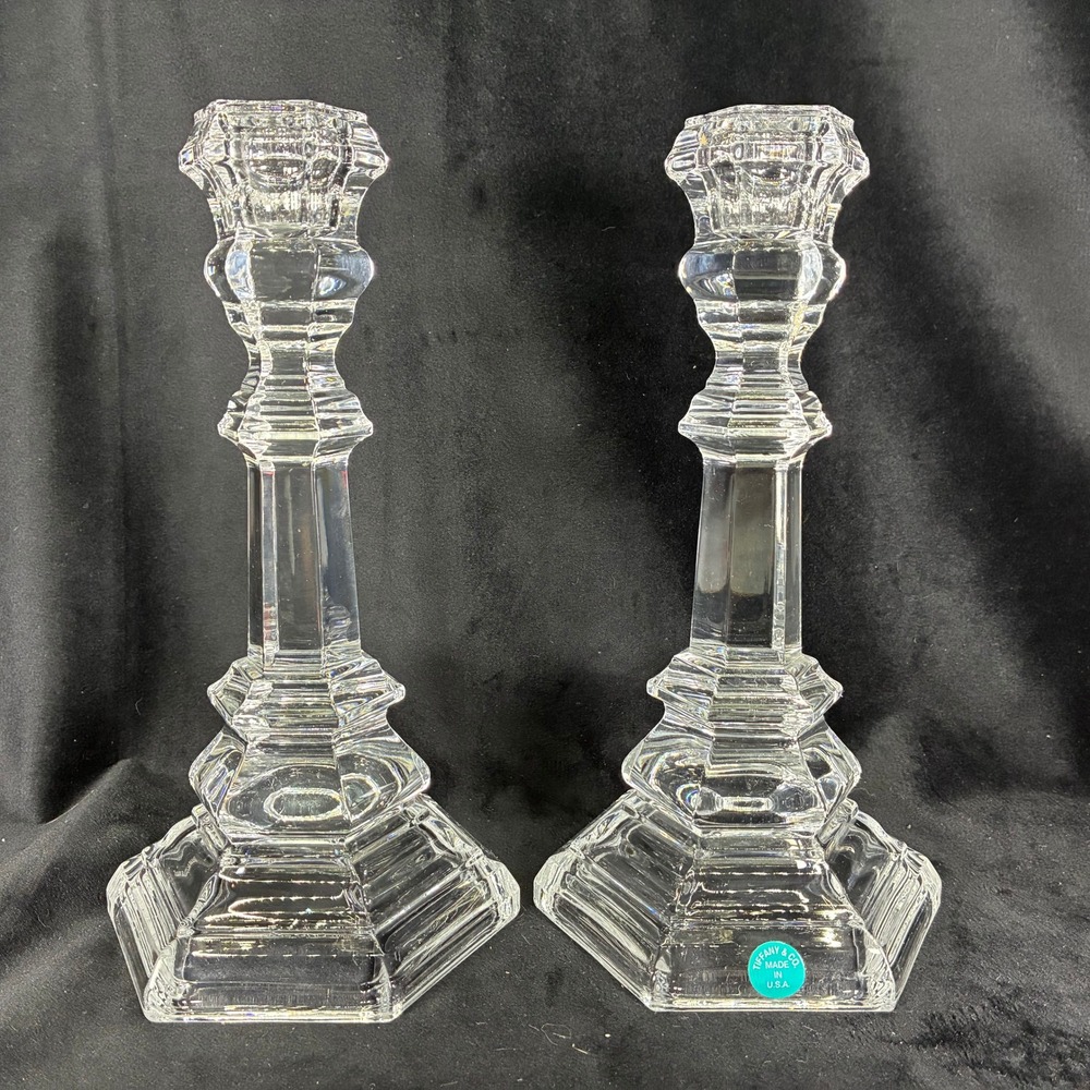 Tiffany & Co Crystal Glass Candlesticks Set of 2 Hexagonal Tiered 8 Inch USA